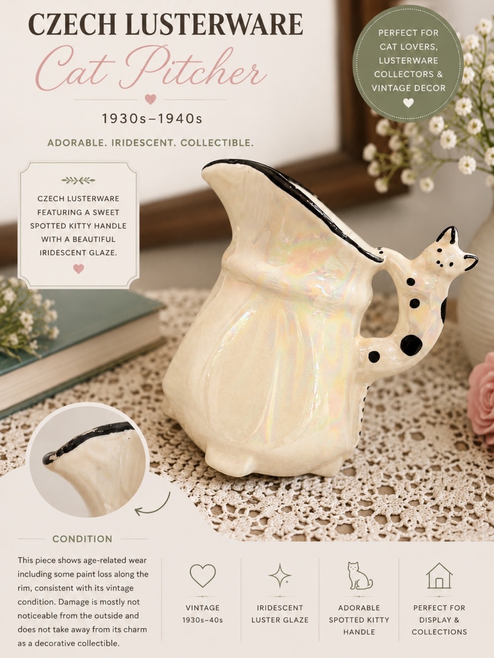 Iridescent Cream Czech Cat Pitcher with Spotted Handle